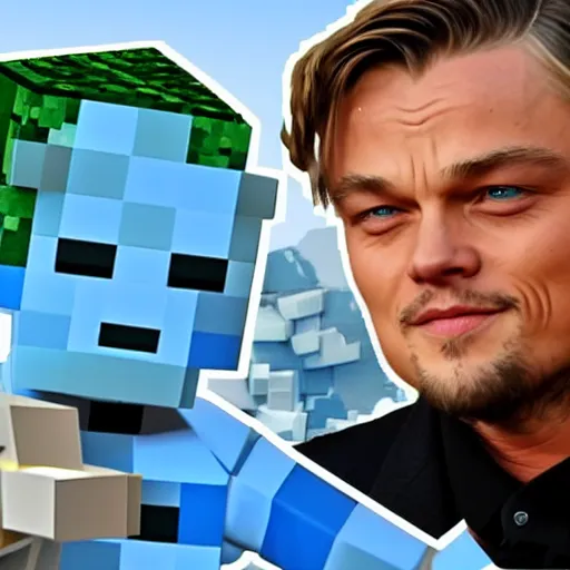 Image similar to leonardo di caprio in minecraft destroys evilarthas home