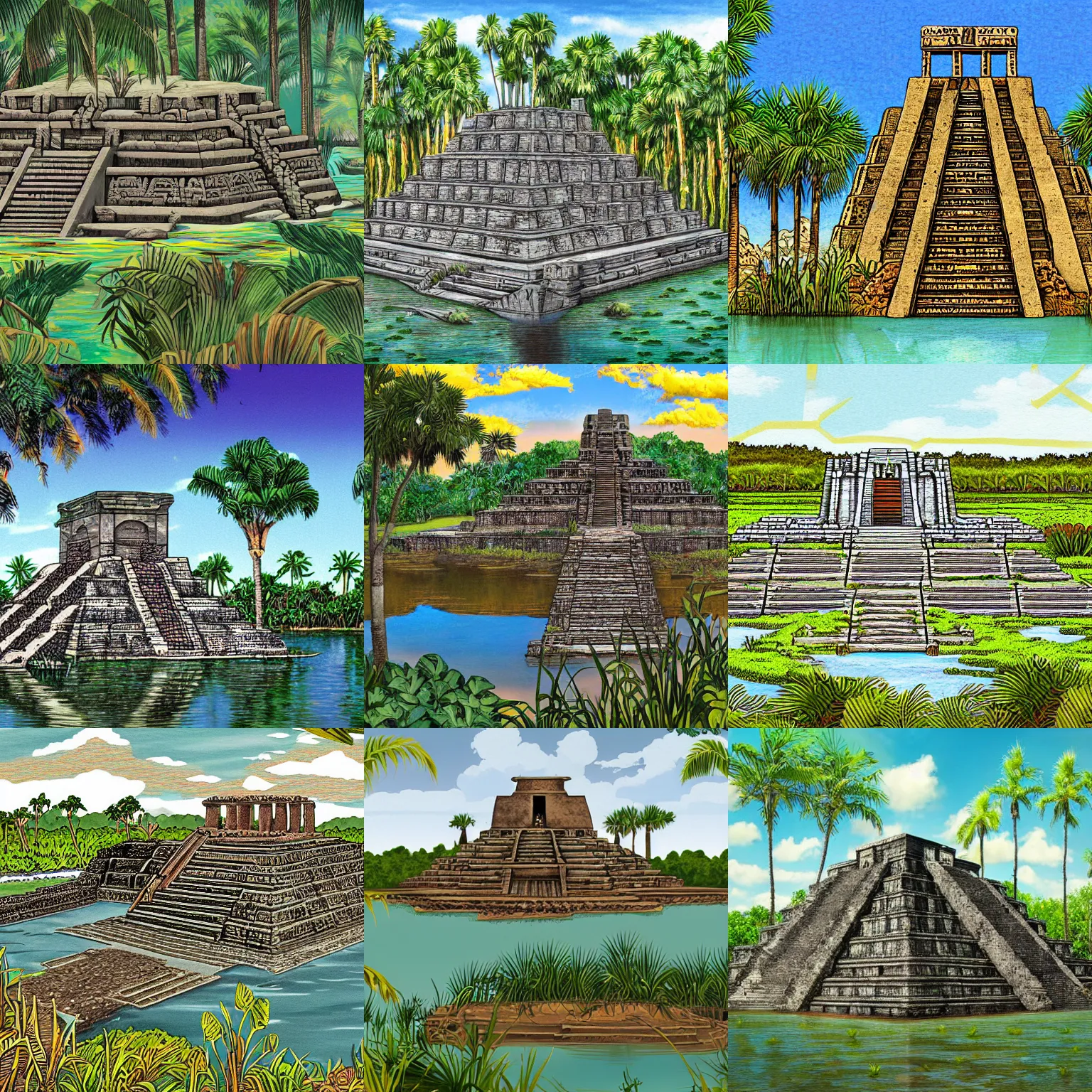Prompt: a partially sunken aztec temple in the florida everglades, in a historical illustration style