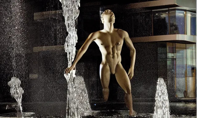 Prompt: full shot of a water sculpture of a man, photorealistic, cinematic lighting, 8 k, extremely detailed photograph by helmut newton