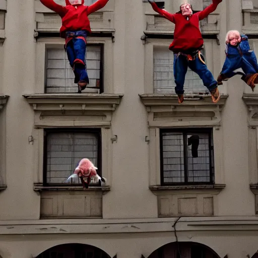 Prompt: dwarfs jumping from balcony, photography