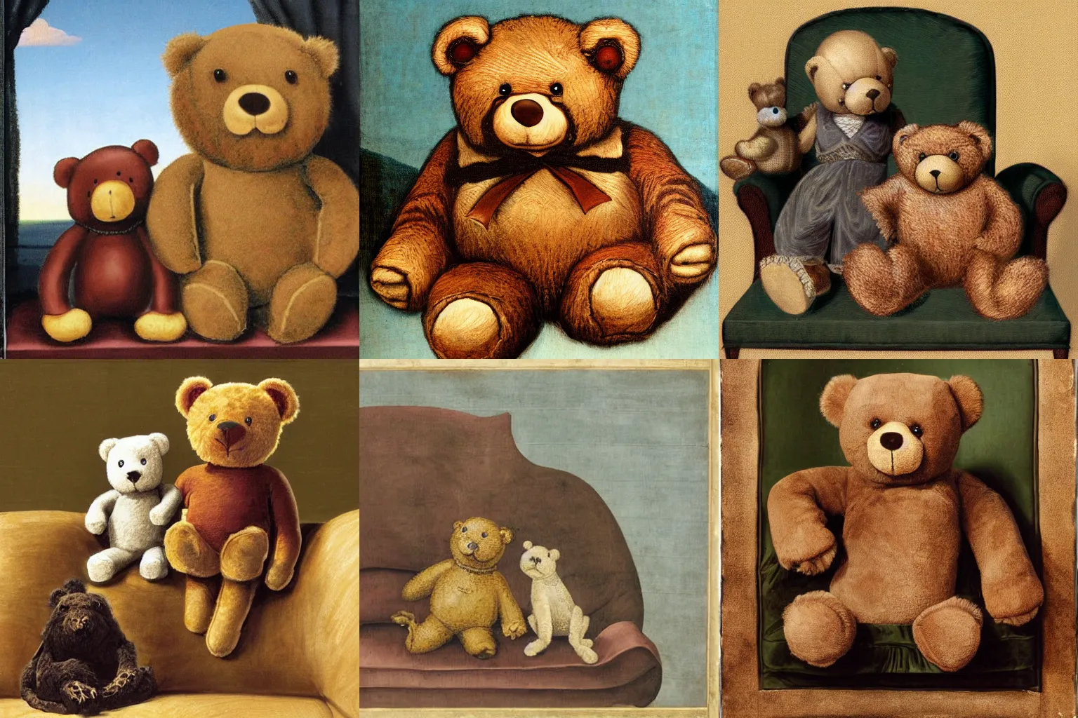 Prompt: renaissante portrait of a teddy bear and a plush frog sitting on a sofa