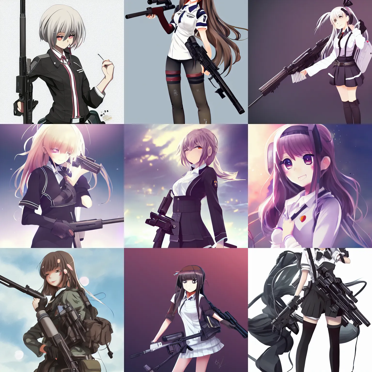 Prompt: anime, full body, cute, female, a cute girl wearing a school uniform and holding a sniper rifle, gorgeous lighting, highly detailed, digital painting, art station, sharp focus, high quality, frontal view, illustration, concept art, advanced digital anime art, white background