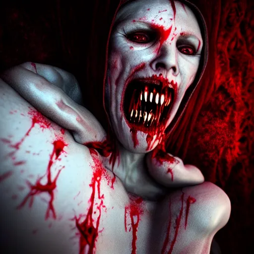 Prompt: the vampire is covered in blood, blood, religion, death, fear, horror, fine details, digital art, volumetric lighting, cinematic light, photorealistic, perfect faces, fine details, by giger,, 4 k,