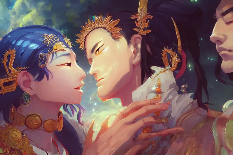 Image similar to close up moment of a divine a japan sun god and a moon goddess lovers magician at a wedding banquet, highly detailed, d & d, fantasy, 4 k realistic, digital painting, trending on artstation, concept art, sharp focus, illustration, art by makoto shinkai and akihiko yoshida and daniel gerhartz