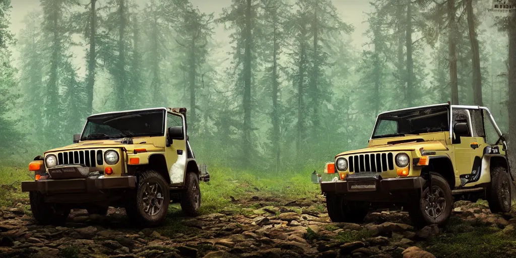 Prompt: Mahindra thar, in the forest, plants environment, wide angle, cinematic lighting, atmospheric, realistic, cinematic, octane render, highly detailed, color graded, in the style of simon stalenhag