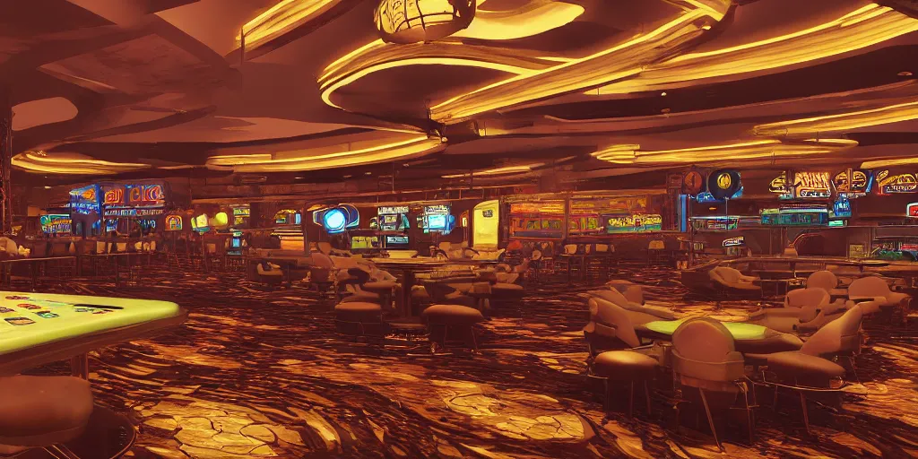 Image similar to fallout concept art neodeco las vegas casino interior render grim realistic lighting unreal engine 5