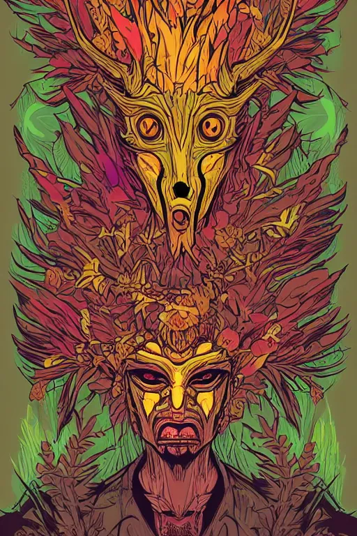 Image similar to animal mask totem roots flower tribal feather gemstone plant wood rock shaman vodoo video game vector cutout illustration vivid multicolor borderlands comics by josan gonzales and dan mumford radiating a glowing aura