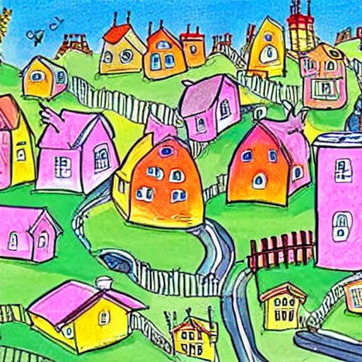 Image similar to buildings, village, town, drawn by dr. suess, colorful