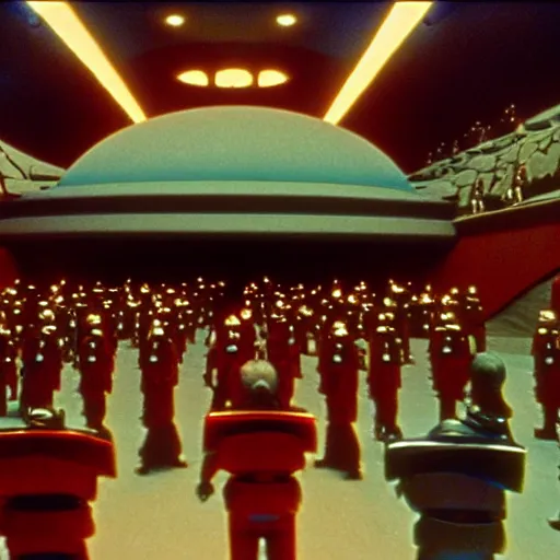 Prompt: Jodorowsky's Dune movie, cinema still, photo realistic, emperor's throne room with guards, in focus faces, colorful uniforms, wide angle, 8k, cinestill 400t film