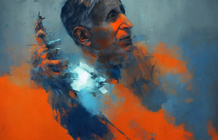 Prompt: Anthony Fauci struggles to be heard, by Greg Rutkowski and Dave McKean blue and orange color palette