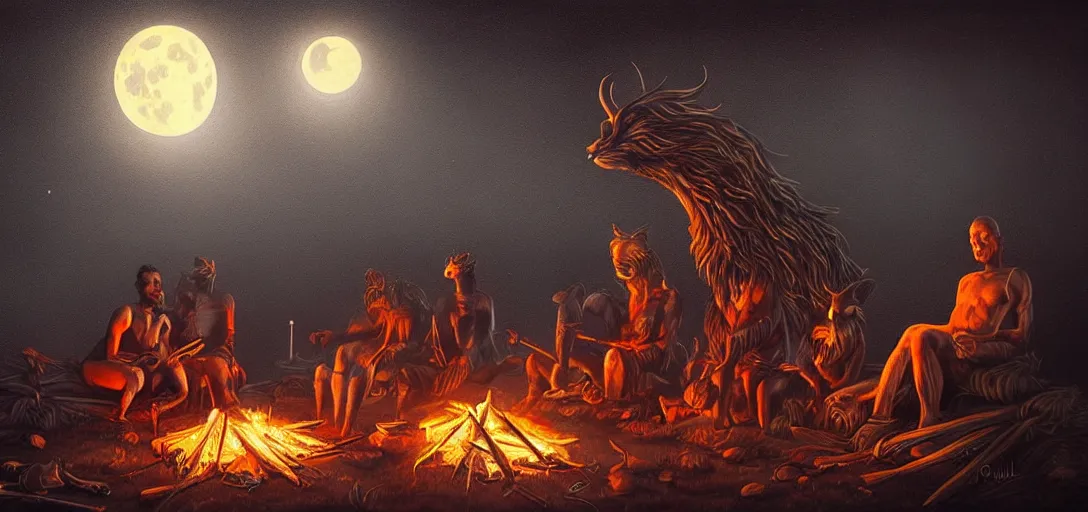 Image similar to strange mythical beasts of sitting around a fire under a full moon, surreal dark uncanny painting by ronny khalil