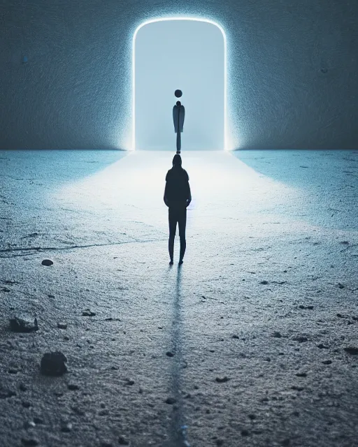 Image similar to a person standing in front of a glowy open door that's on a barren moon, poster art by mike winkelmann, trending on cg society, space art, sci - fi, ue 5, futuristic, volumetric lighting, light casting onto the ground, neat composition and camera angle