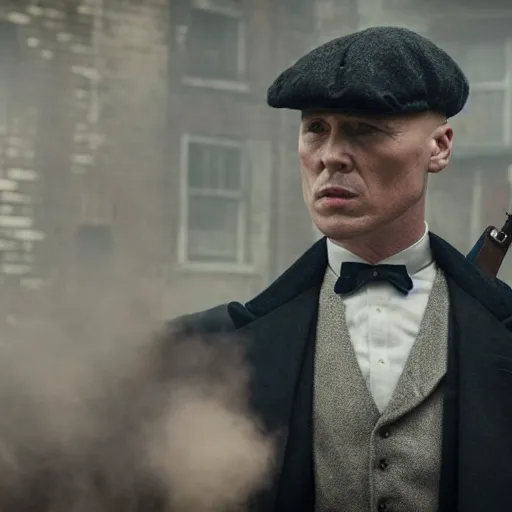 Prompt: A still from Peaky Blinders depicting Tommy Shelby bald