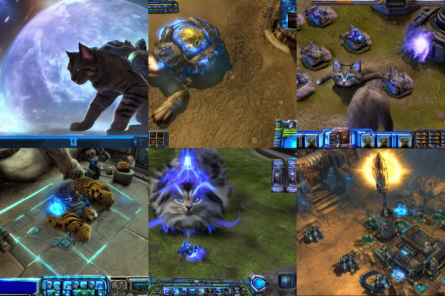Prompt: screenshot of a giant cat sitting on a Starcraft 2 game