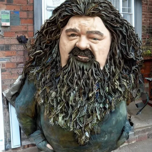 Prompt: A sculpture made of recycled materials but with perfect definition, in the shape of Hagrid de Harry Potter