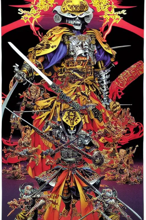 Image similar to poster of crazy skeletor samurai with japanese armor and helmet, by yoichi hatakenaka, masamune shirow, josan gonzales and dan mumford, ayami kojima, takato yamamoto, barclay shaw, karol bak, yukito kishiro