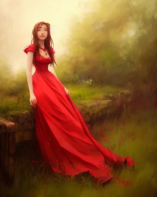 Prompt: aerith gainsborough in red cottagecore dress, portrait, illustration, rim light, top light, overcast cloudy weather, perfectly shaded, soft painting, art by krenz cushart and wenjun lin