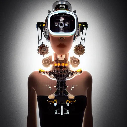 Image similar to beautiful centered fine art photo portrait of beautiful girl with solarpunk robotic humanoid mechanical parts with led lights, pudica pose, photorealistic, white background, highly detailed and intricate, soft box lighting, hdr 8 k