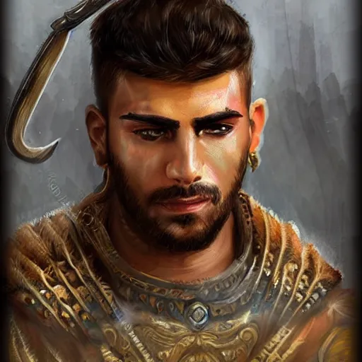 Image similar to kurdish male warrior, highly detailed, digital painting, artstation, concept art, sharp focus, illustration, incredibly strong and handsome