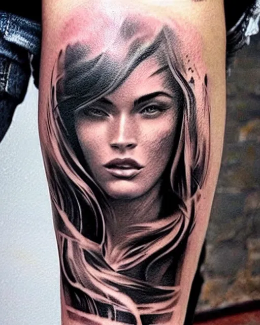 Image similar to creative double exposure effect tattoo design sketch of megan fox and beautiful mountain scenery, realism tattoo, in the style of matteo pasqualin, amazing detail, sharp