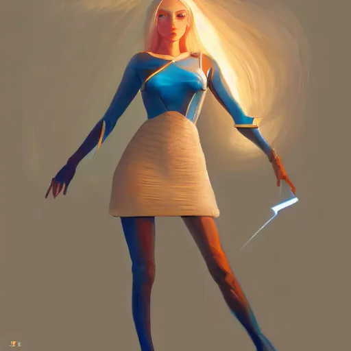 Prompt: a painting of an female elf wearing a skintight dress with blonde hair and blue eyes. by tooth wu and wlop and beeple and greg rutkowski. trending on artstation, highly detailed, volumetric lightning