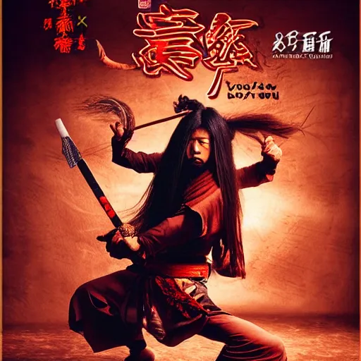 Image similar to Demon, yokai, kung fu, wuxia, xianxia, glam metal hair, Jiang sword, wild hair, 1983 cinematic, live action