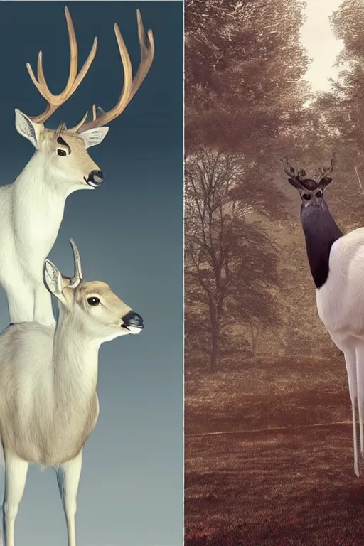 Image similar to a deer wearing a white formal coat conversing with a crow wearing a red formal coat, hyperrealistic, concept art, octane render, unreal engine 5, trending on DeviantArt, highly detailed, high quality, 8K, soft lighting, cute, natural lighting, realistic face, trending on Artstation, elegant clothes, profile picture, path traced, house background