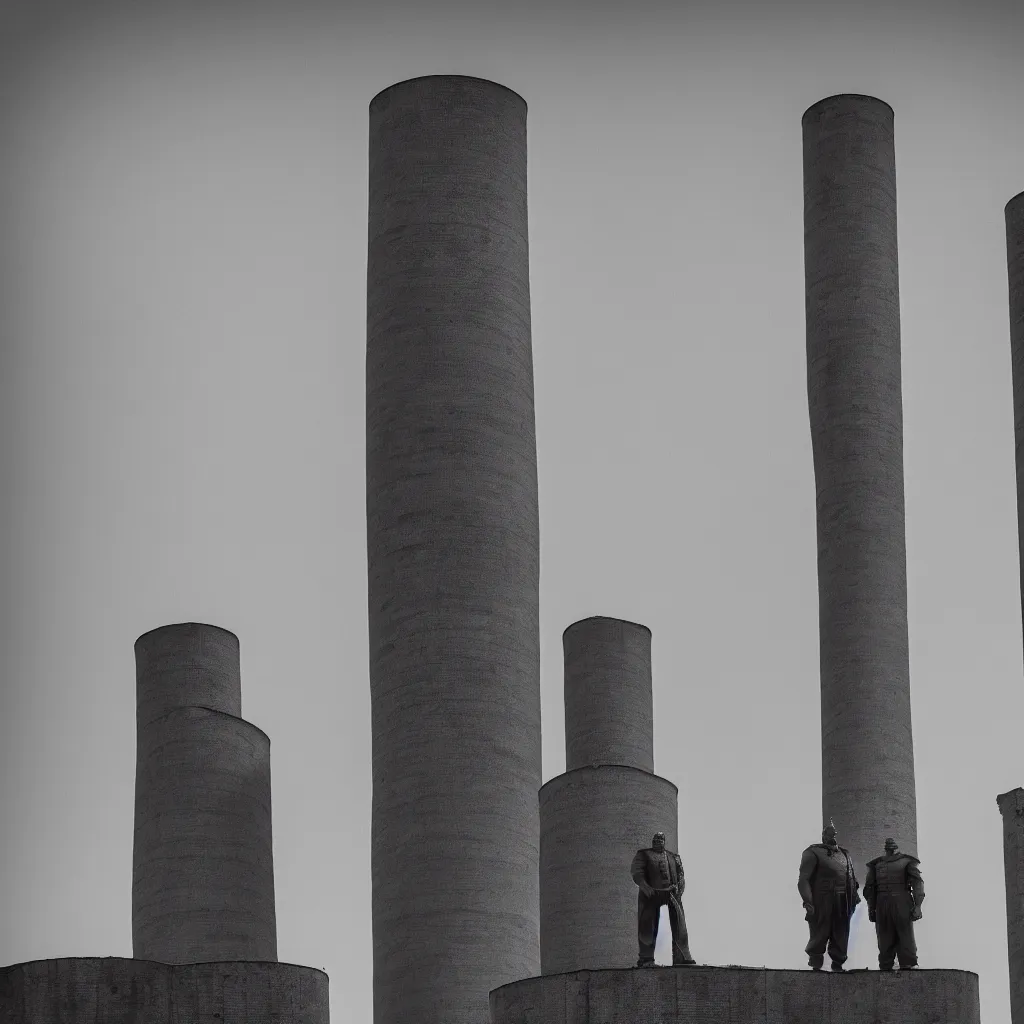 Image similar to giant shrek standing between two big soviet brutalist architekture chimneys, black and white, history channel, very detailed, 4 k, professional photography