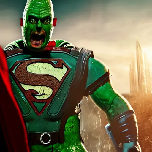 Image similar to pickle rick as superman! in gears of war, splash art, movie still, detailed face, photorealistic facial features, cinematic lighting, dramatic, octane render, long lens, shallow depth of field, bokeh, anamorphic lens flare, 8 k, hyper detailed, 3 5 mm film grain