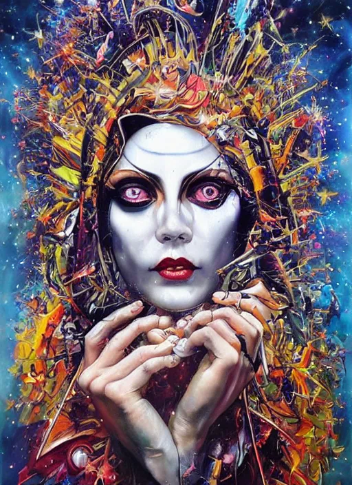 Image similar to gorgeous magic cult psychic woman smiling, third eye, subjective consciousness psychedelic, epic surrealism expressionism symbolism, story telling, iconic, dark robed, oil painting, symmetrical face, dark myth mythos, by Sandra Chevrier, Noriyoshi Ohrai masterpiece