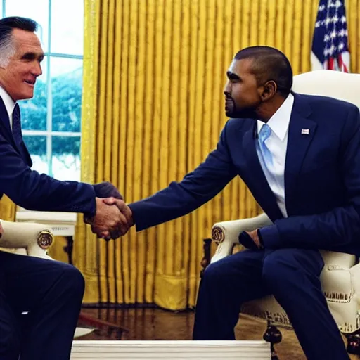 Image similar to professional photograph of Mitt Romney and Kanye West shaking hands in the oval office, 8k, very detailed, very intricate,
