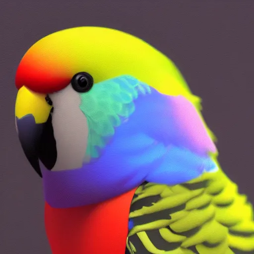 Image similar to an oil painting of a rainbow budgie with black spots, full hd, ue5, ue4, unreal engine 5, artstation