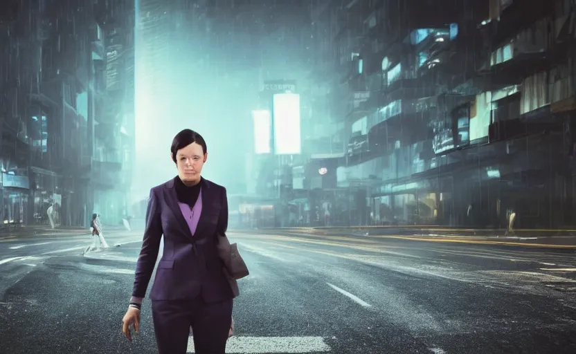 Image similar to a wide shot of a woman with a wool suit, very short dark hair, blurred face, wearing an omega speedmaster on her wrist in front of a crowded dystopian city full of people walking at night with fog and cyberpunk lights