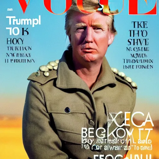 Prompt: Donald Trumpy as a soldier on the cover of the Vogue magazine