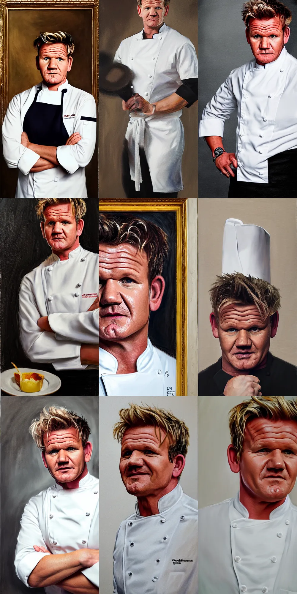 Prompt: A portrait (medium shot) of Gordon Ramsay wearing a chef uniform, oil on canvas, classicism style