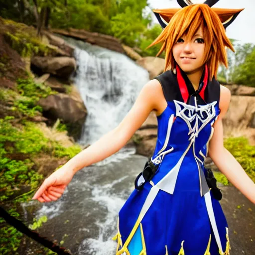 Image similar to kingdom hearts sora cosplay near waterfall low angle 85mm