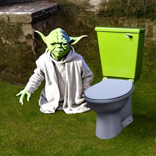 Image similar to yoda sitting on toilett