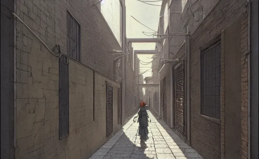 Prompt: alleyway. by rembrant, battle angel alita, ralph mcquarrie, aluminum, 1 6 6 7