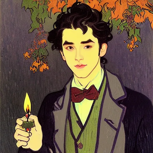 Image similar to painting of young cute handsome beautiful dark medium wavy hair man in his 2 0 s named shadow taehyung and cute handsome beautiful min - jun together at the halloween! party, bubbling cauldron!, candles!, smoke, autumn! colors, elegant, wearing suits!, clothes!, delicate facial features, art by alphonse mucha, vincent van gogh, egon schiele