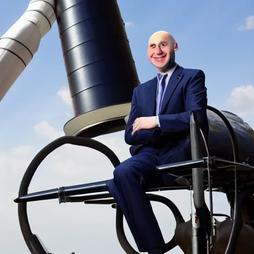 Image similar to A bald Tory Bruno in a suit, riding atop a rocket engine