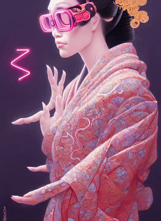 Image similar to portrait illustration of female japanese humannoid wearing a vr eyewear and very detailed and intricate geisha kimono dress, intricate detail, cyber neon lighting, highly detailed, artstation, glamor pose, concept art, art by peter mohrbacher and boris vallejo and liam wong, pinterest, artstation, digital painting,