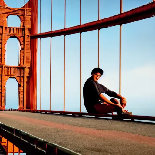 Prompt: photograph of giant young man sitting on the golden bridge. massive, colossal, humongous