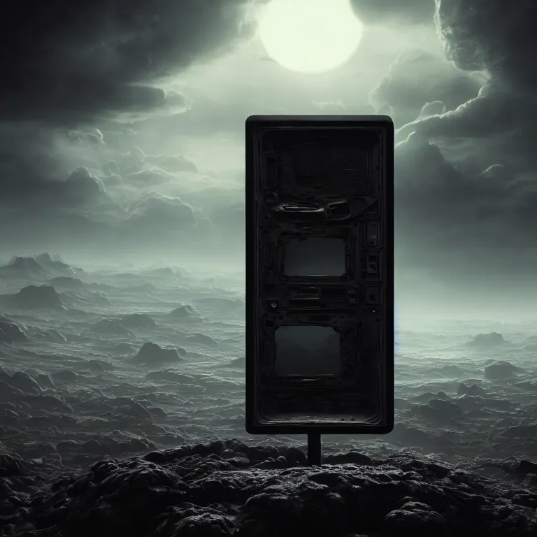 Image similar to surreal mysterious abandoned ribbed broken pc monitor in the foreground, in wastelands on exoplanet, dark clouds, dark washed tint, dream-like heavy atmosphere, dark baroque painting, beautiful detailed intricate insanely detailed octane render trending on Artstation, 8K artistic photography, photorealistic, dramatic volumetric cinematic perfect light, chiaroscuro, award-winning photograph, masterpiece, Raphael, Caravaggio, Beksinski, Giger