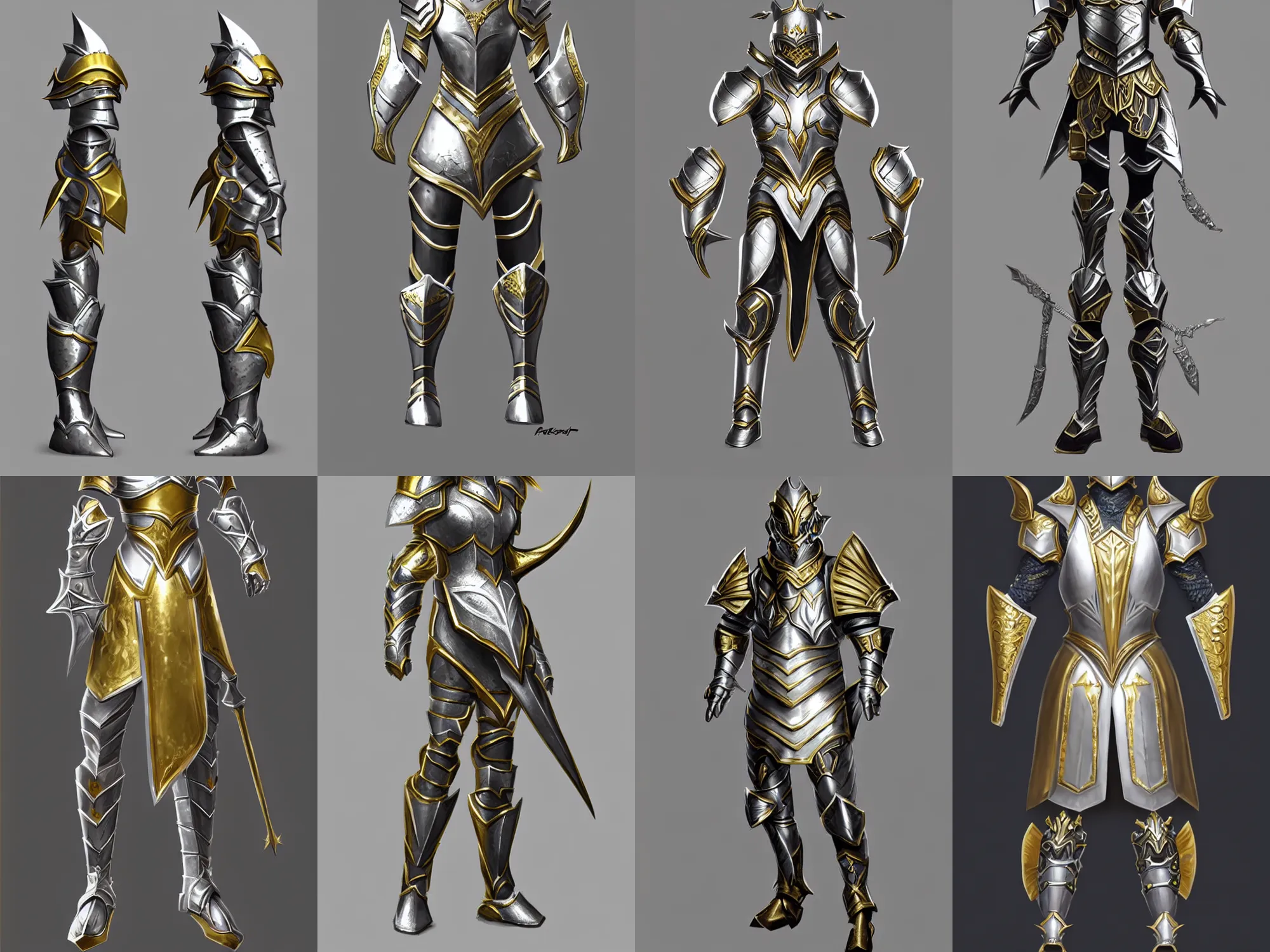 Prompt: unusual fantasy armor, silver with gold trim, extremely polished, exaggerated proportions, trending on polycount, fantasy character portrait, professional concept art, front view, A-pose, full body
