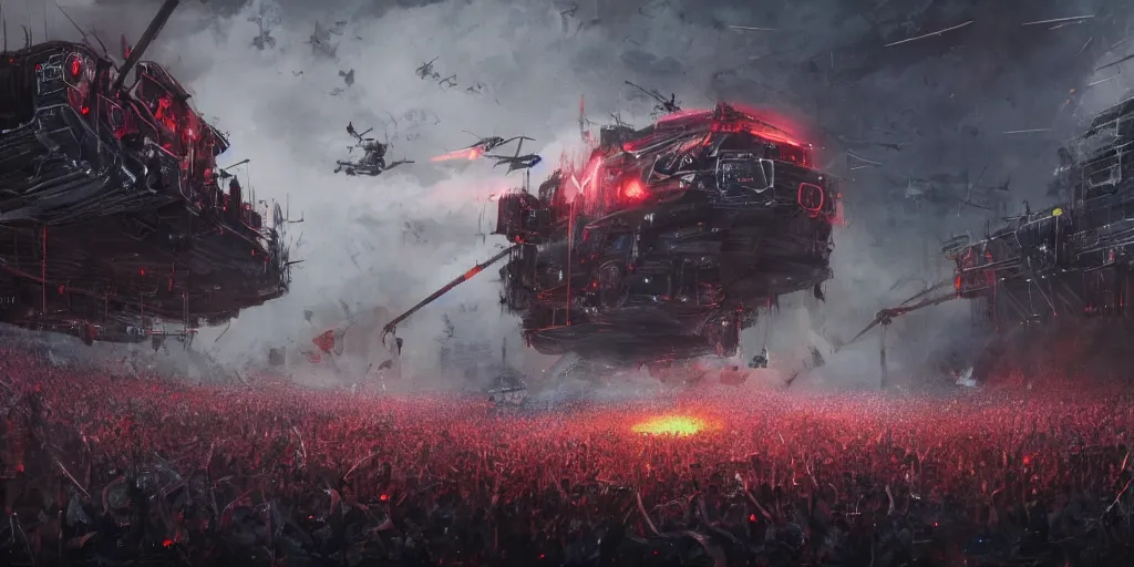 Prompt: concept art, of a [ rage against the machine ] band memebers!!! concert!!! humans fighting with robots!!, detailed, close shot, dark concept art, dark skies painting by wlop, nixeu and greg rutkowski, beautiful, semirealism, artstation, octane render, oil painting, sharpness, 8 k, golden ratio