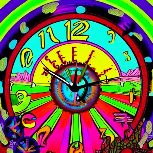 Prompt: a psychedelic clock walking through a door in the middle of a desert, colorful, in the style of robert crumb