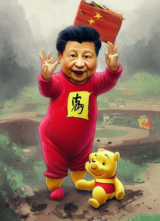 Prompt: portrait of Xi Jinping wearing a Winnie the Pooh onesie in a trashy Chinese dirt poor landfill, hungry, beta weak male, digital painting, concept art, smooth, sharp focus, illustration, from Slumdog Millionaire, by Ruan Jia and Mandy Jurgens and William-Adolphe Bouguereau, Artgerm