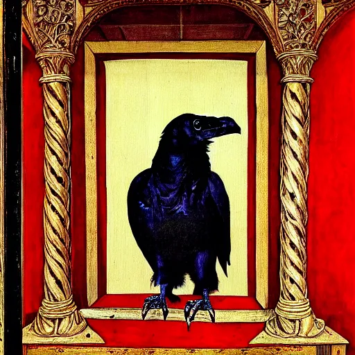 Image similar to a highly detailed painting of a raven, dressed in elegant tudor clothes, inside a room with thick red tapestries, by hans holbein