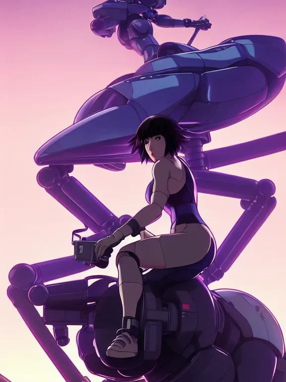 Image similar to a fullbody action still of motoko kusanagi riding on top of a tachikoma, the major ghost in the shell : : stand alone complex, under repairs, maintenance : : by ilya kuvshinov, rossdraws, artgerm, sola digital arts, anti aliasing, raytracing : :