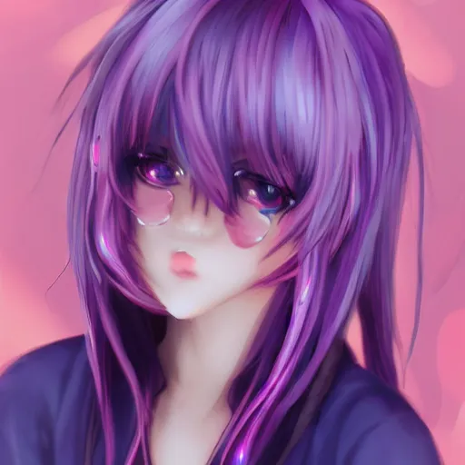 Prompt: aesthetic, e - girl, anime cosplay, cute, adorable, 4 k, hyper realistic, purple - pink hair, warmth, night - time, dark colors and hightlights, mood